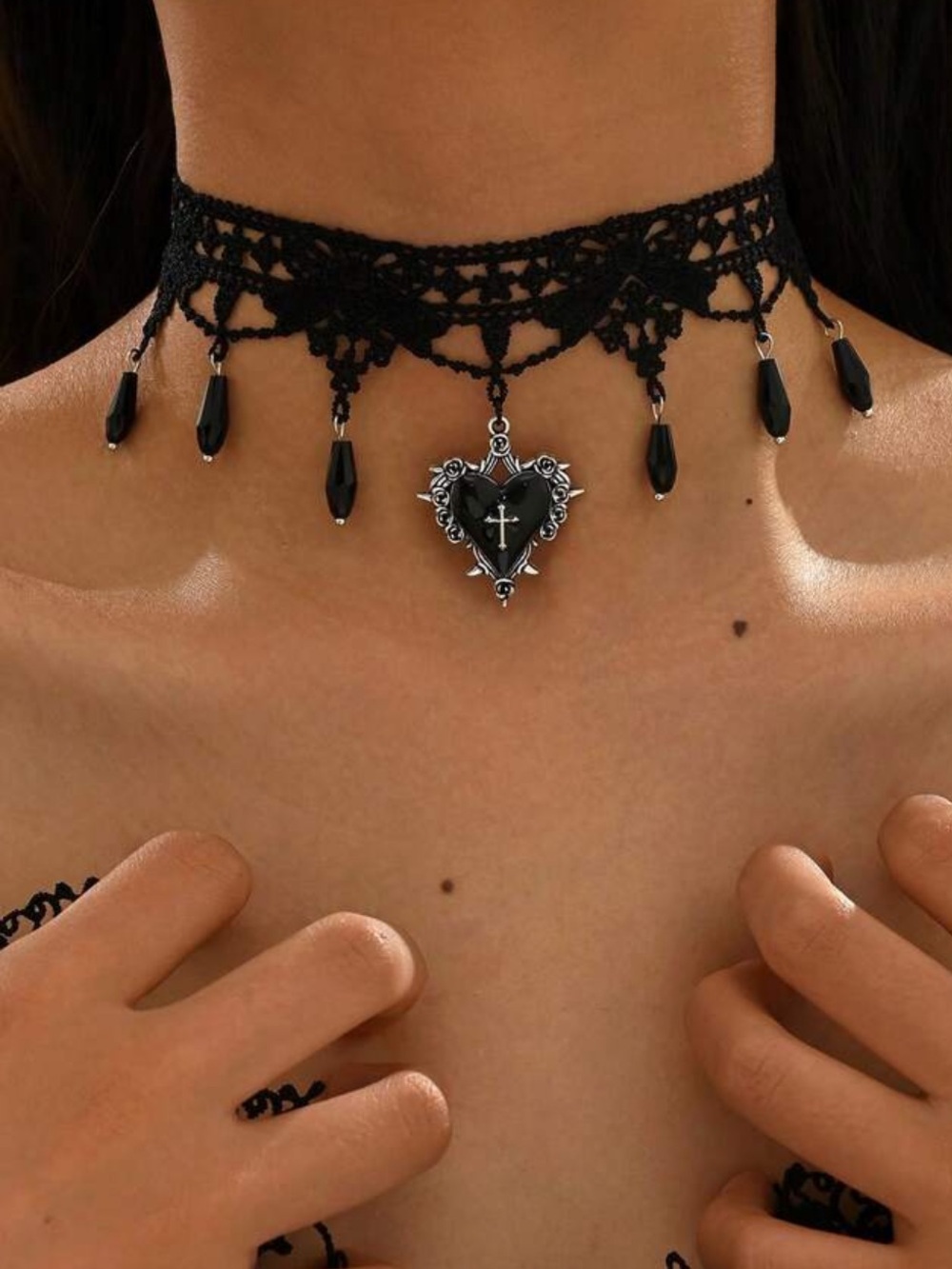 Black Gothic Lace Choker Necklace with Heart Cross Pendant
